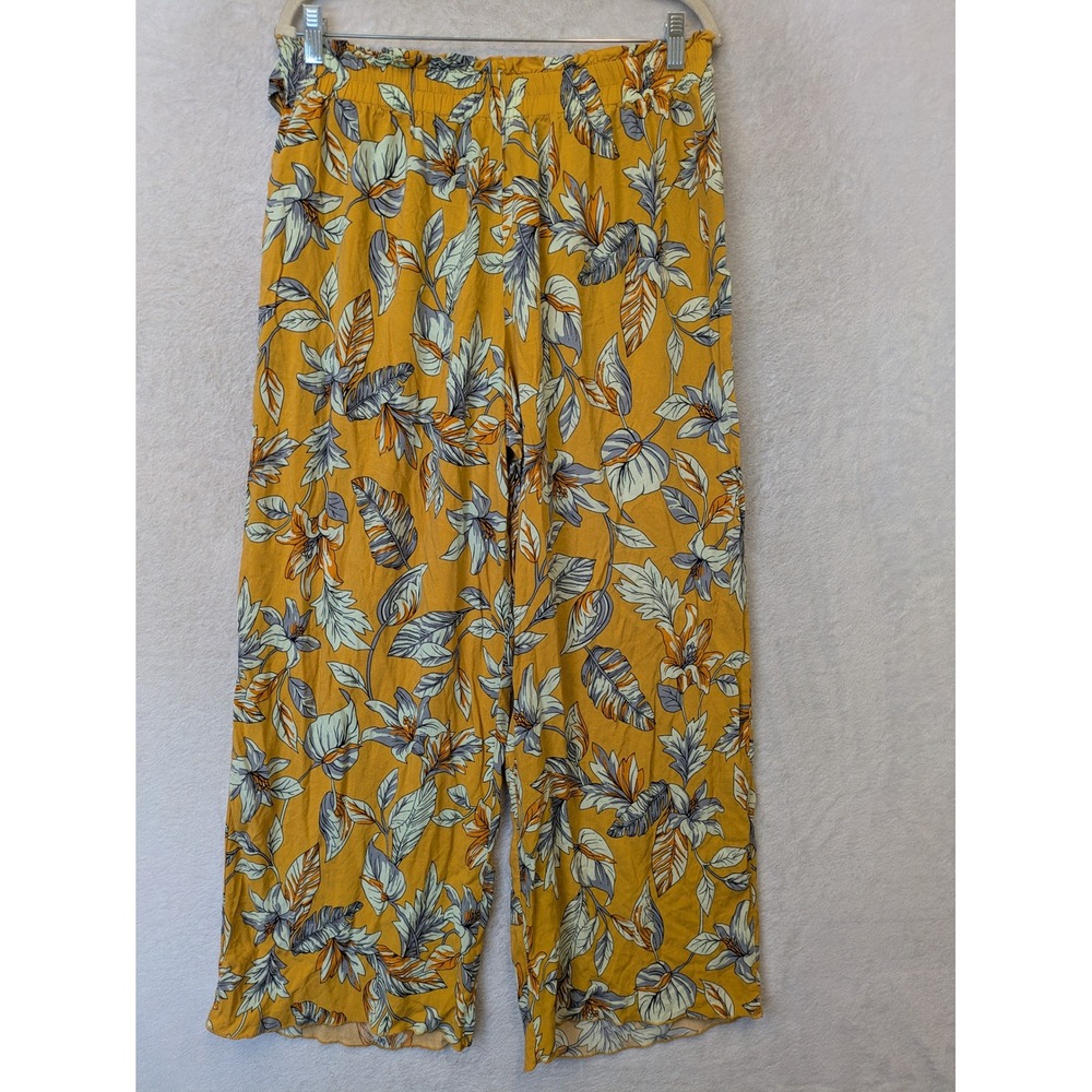 Breeze Ever Wide Leg Pants Women's XL Yellow Floral Leaf Print Elastic